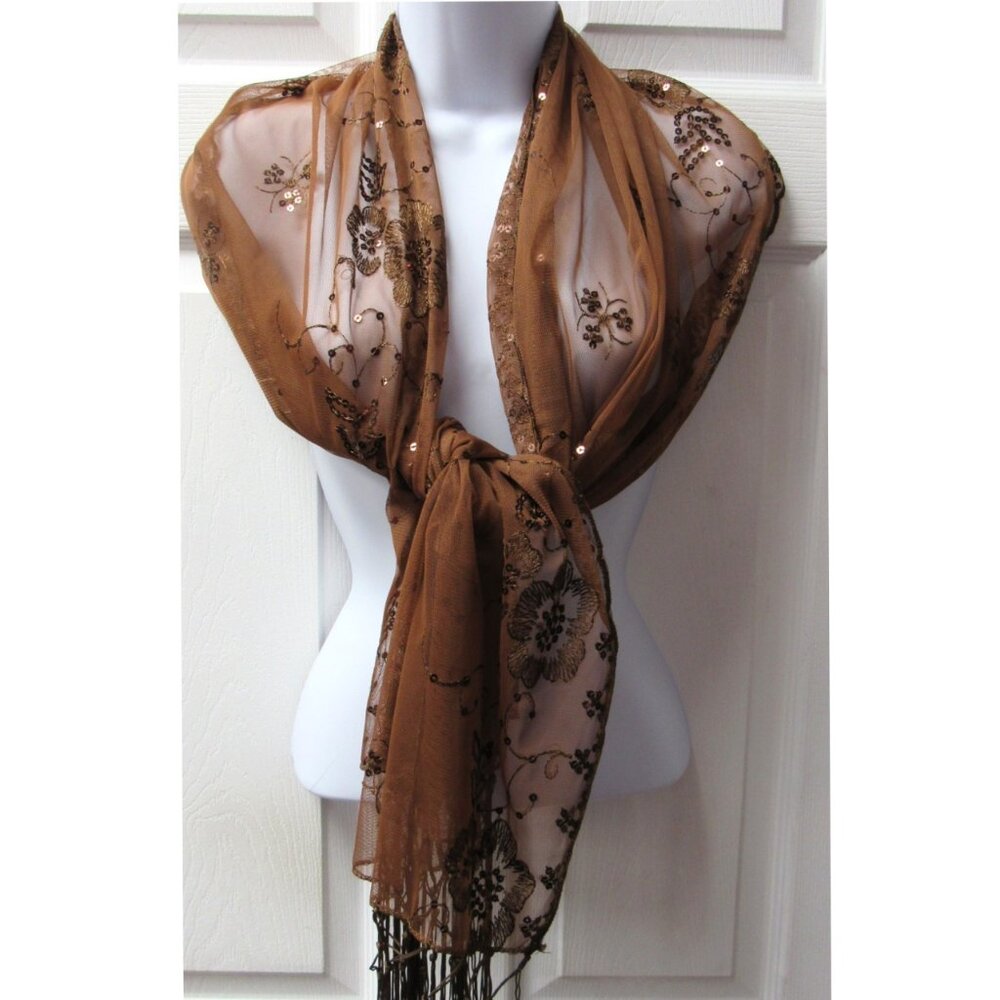 Brown Sequin Shawl Wrap Sparkle Fringe Scarf Wedding Bridal Dressy Formal - Picture 3 of 4